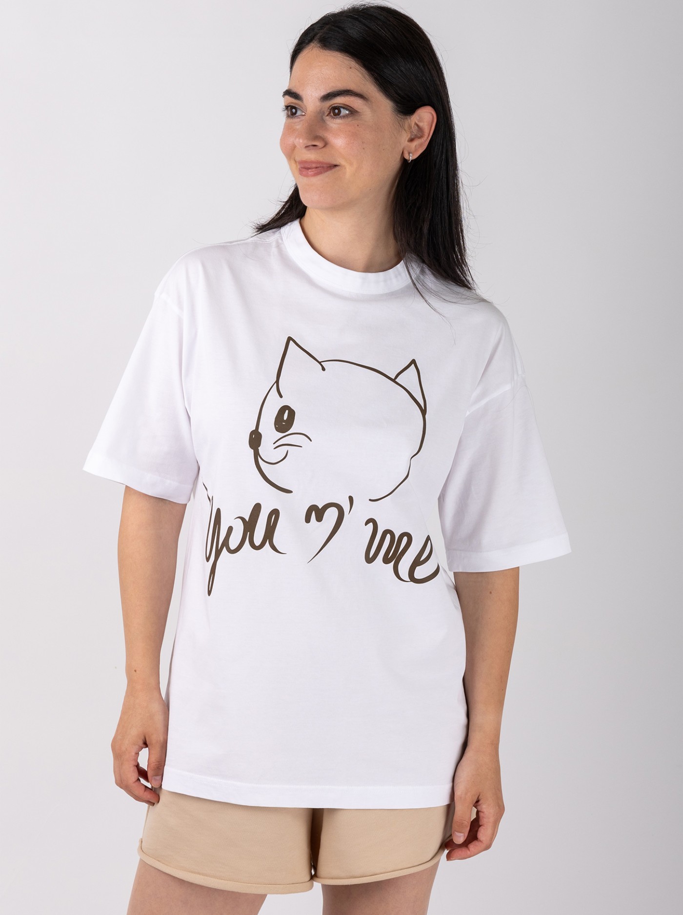 Oversized Unisex T-Shirt Λευκό με Cat Print You N' Me – 100% Βαμβάκι (Cotton)|UNMI